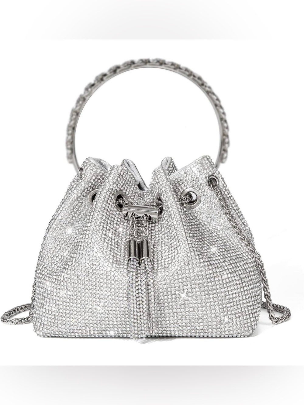 10,000 Crystal Rhinestone Bucket Bag Sparkly Silver Evening Purse Tassel Chain